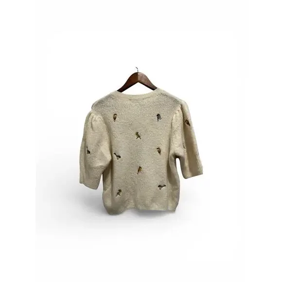 ZARA Novelty Bird Embroidered Short Sleeve Cardigan Cream Size L Preppy - Picture 7 of 10